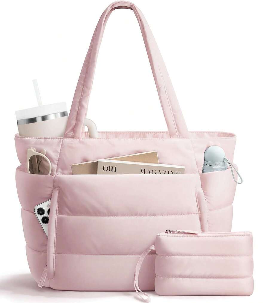 Puffer Tote Bag For Women, Lightweight Puffy Work Handbag Teacher Nurse Quilted Shoulder Bag For School Travel Gym - 粉色 - 查看 1