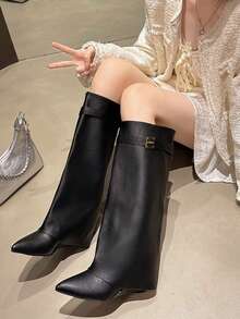 Women's Fashion Boots, Knee-High Boots, Cuff Boots, Western Boots, Pants Boots, Leg Boots, Hot Girl Boots, Buckle Design, Eye-Catching, Suitable For Daily, Indoor/Outdoor, Party, Pair With Skirts, Shorts, Elegant Women Boots, Women's Ankle Boots And Short Boots, Autumn/Winter - Black - View 5