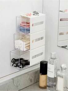1pc White Wall Mounted Swab Storage Box & Transparent Drawer Organizer Bathroom Hair Accessories And Jewelries - White - View 7