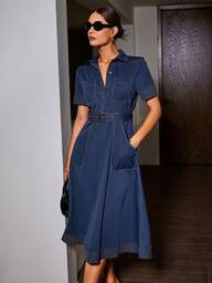 Sollinarry Vestido Casual de Manga Curta com Botões na Frente, Bolsos e Cinto, Estilo Vintage, Roupas de Professora para Mulheres, Efeito Denim para Primavera/Verão