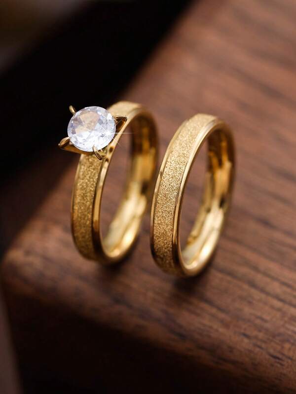 1 Pair Stainless Steel Rings, Fashionable Couple Rings, Sandblasted Stainless Steel Inlaid Wedding Rings, Valentine's Day Gift