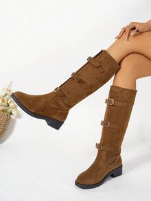 Nouvelles bottes mi-mollet mode pour femmes, couleur unie, fermeture à boucle, tissu tricoté, style navette, automne/hiver - Tabac - Voir 7