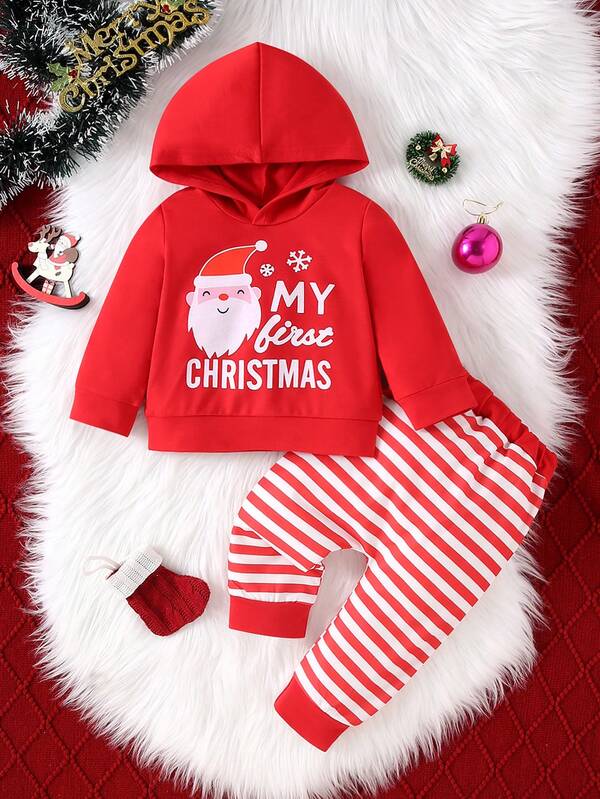 Christmas Cute Kid Limited Edition Set! Santa Claus Print Red Hoodie Sweatshirt Paired With Red And White Striped Pants 2 Pieces Set, Full Of Holiday Vibes, Suitable For Holidays/Parties/Gifts
