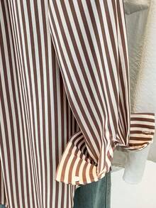 Plus Size Women's Casual Basic Striped Pointed Collar Long Sleeve Shirt Blouse With Button Pockets, Suitable For Daily Office Wear, Autumn/Winter/Spring - Coffee Brown - View 6