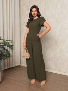 Women's Jumpsuit In Plain Marrant, Pocket, Pantaloons With Petal Sleeves, Simple Pocket Office - 墨綠色 - 查看 4