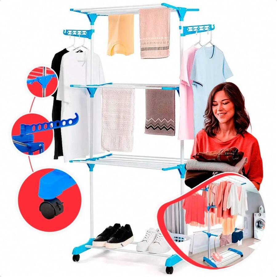 3-Story Aluminum Folding Retractable Compact Tower Clothesline With 4 Blue Wheels - Màu xanh lam - Xem 1