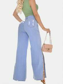 New Fashion Women's Premium Wide Leg Jeans With Ripped Details - Đá lửa - Xem 3