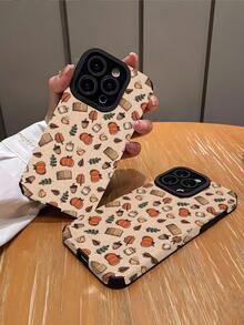 1pc Fashionable Retro Autumn Brown Pumpkin & Leaf Coffee Print Vertical Striped High-End Faux Leather Anti-Fall Anti-Fingerprint Shock-Proof Phone Case Compatible With Apple And Models - Multicolor - View 3