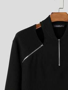 INCERUN Fashion Men Zipper Cut Out Long Sleeve Slim Fit Pullover Rib-Knit Tops Blouse Fall Casual Shirt - Black - View 7