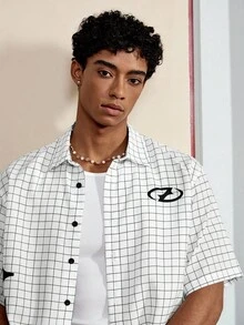 男士宽松字母格纹印花短袖梭织白衬衫，街头潮流必备单品 - 白色 - 查看 3