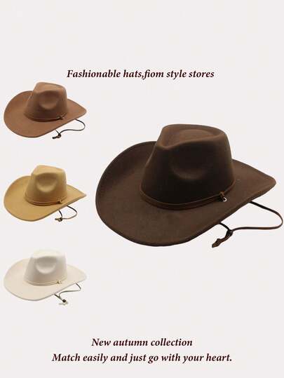 1pc Unisex New Fashion Cowboy Hat, Outdoor American Style Sun Protection Hat, Suitable For Travel, Stage Performance, Retro Western Cowboy Hat With Leather Band And Suede Decoration