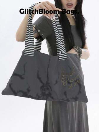 GlitchBloom Bags. Y2K Original Music Note Rivet Black & White Stripe Patchwork Strap Subculture Totem Print Lightweight Shoulder Bag, Women Street Fashion Handbag