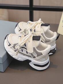 1 Pair Kids' Mesh PU Hook And Loop Style Breathable Non-Slip Casual Sports Shoes, Suitable For Spring And Autumn