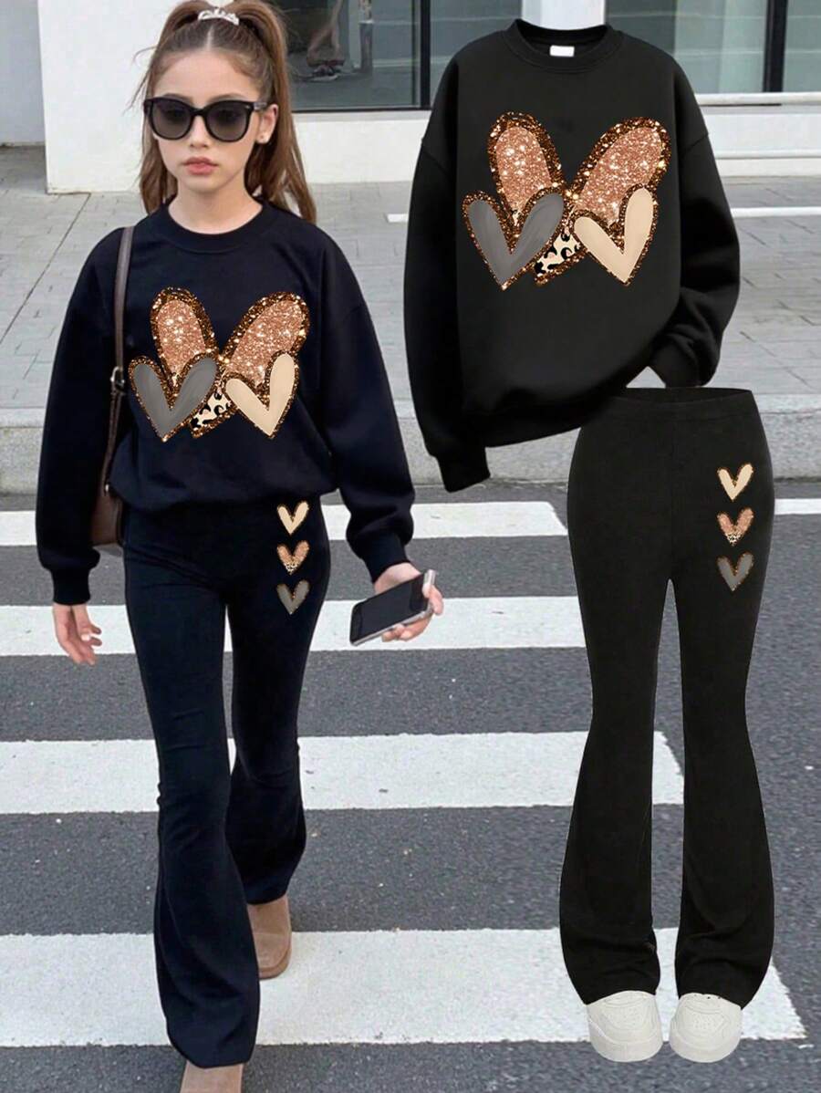 2pcs Set Teen Girls Heart - Element Set, Comfortable Fabric, Spring & Autumn Street Activity & Daily Style - Black - View 1
