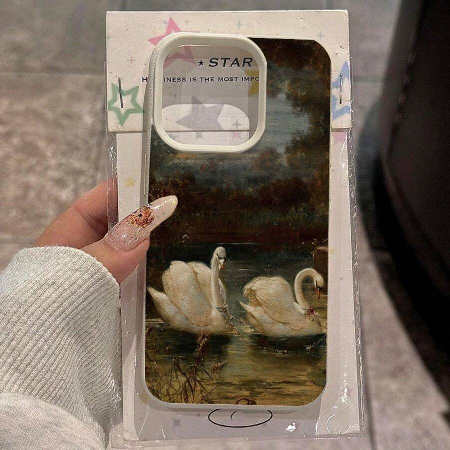 1pc Vintage Oil Painting Landscape With Elegant Swan Design TPU Phone Case Compatible With IPhone/ - White - View 1