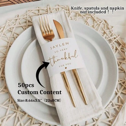 Juego de 50 servilleteros personalizados para boda, decoración de mesa de fiesta, tarjetas de menú, juego de cubiertos y servilletas, menú de cena de agradecimiento
