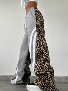 Calça Esportiva Casual e Fashionista para Mulheres, Estampa de Leopardo e Listras em Cores Sólidas para Outono e Inverno, Modelo Solto com Cadarço