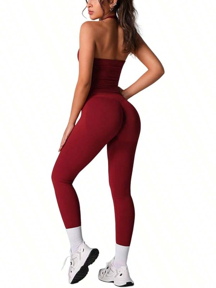 Workout Sets For Women Seamless Scunch Butt Lifting Impact Leggings Halter Sports Bra 2 Piece Gym Outfits - Câu cá Longline Red - Xem 1