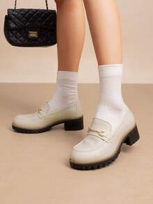 Women's Flatform Loafers 1.8 Inch Chunky Heel Comfortable Slip-On Pumps Dressy Business Casual Fashionable Platform Loafers Shoes - Màu be - Xem 2