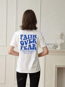 180g Faith Over Fear Christian Graphic-Shirt |   Women's Casual Vacation Bible Verse Tee |   Summer Round Neck Short Sleeve Top Summer-Shirt Women Casual Loose Top Letter Print Tee - 白2 - 查看 2