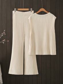 مجموعة قطعتين للنساء في فصل الخريف/الشتاء: ملابس علوية كنزة بدون أكمام وبنطلون صوفي