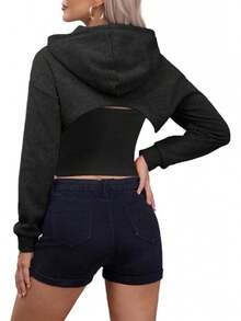 Women Crop Top Pullover Sweatshirt Long Sleeve Drawstring Hoodie - Màu xanh lam - Xem 10