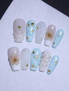 10片棺材形长款白色和蓝色渐变手工按压式美甲贴片，手工雕刻花朵和贝壳图案，法式风格假指甲，可重复使用，美甲美容产品，快速使用美甲用品 - 淺藍色 - 查看 4