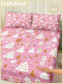 3pcs White Christmas Tree Pink Digital Printed Three Pieces Fitted Sheet Set (1 Fitted Sheet+2 Pillowcases Without Core) Suitable For Room Decoration Daily Polyester Fiber Soft Skin Friendly Bedding Indoor Bedroom Master Bedroom Christmas Decor Home Christmas Decoration Cute Christmas Gifts