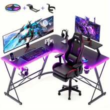 Modern L-Shaped Gaming Desk With Movable Monitor/Tablet Stand, Esports Desk, Game Table, Metal Frame Computer Table With Black Willow Wood Tabletop Or Carbon Fiber Desktop, Versatile L Shaped Corner Desk With Speaker + Light Strip + Headphone Hook + Cup Holder, Area Of Large Desk Surface: 10.59 Ft², Monitor Stand: 1.04 Ft², 51.03"X51.03"X29.25" - B & CF Desktop + Light Strip + Cup Holder + Headphone Hook - View 4