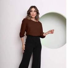 Elegant Women's Formal Blouse With 3/4 Sleeves And Elastic Wrist And Button On The Back. Comfortable. - Rust Brown - View 2