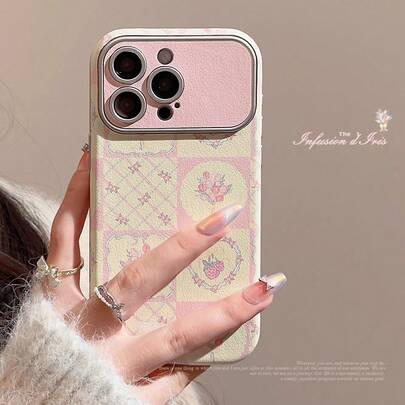 Flower GUCADI 1pc Raspberry Plaid & Floral Pattern Patchwork Phone Case Compatible With IPhone 15, 16 Pro Max, 11, 14, 12 - Fresh And Clean, Full Coverage, Leather Texture
