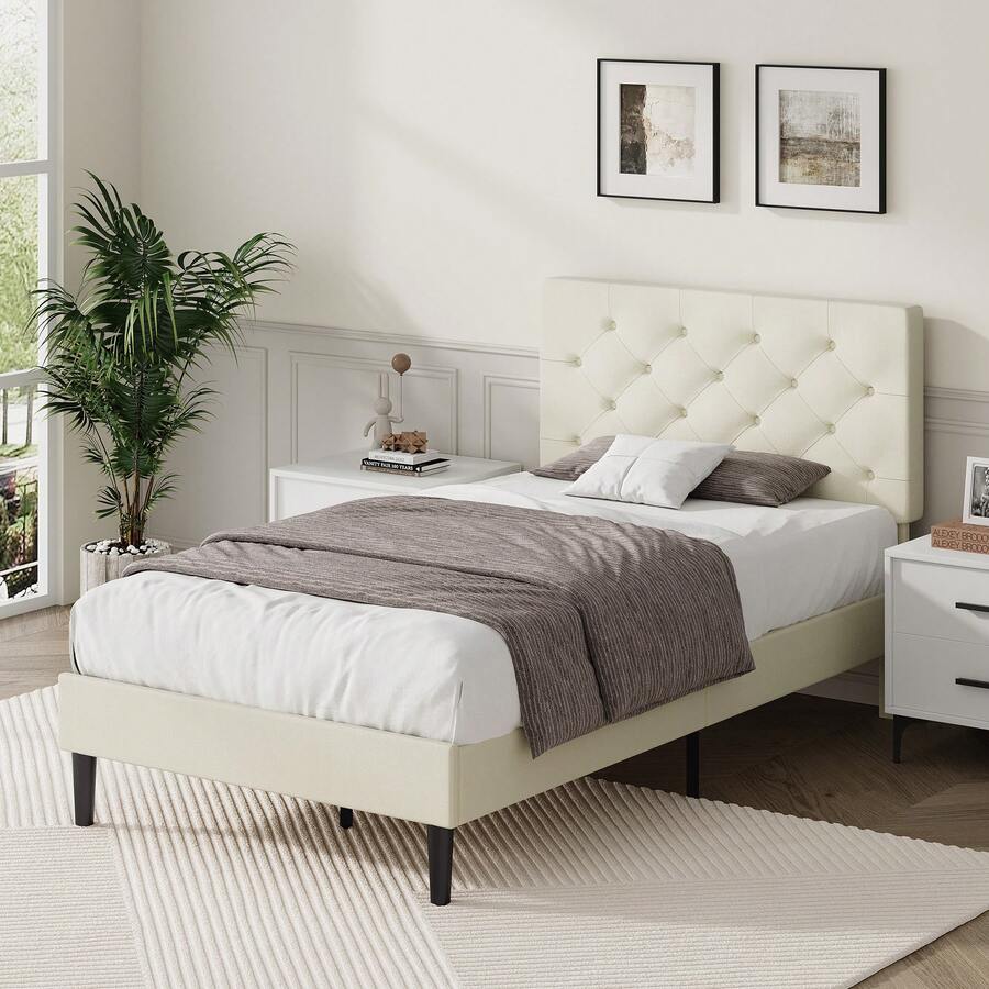 HOMBCK Upholstered Bed Frame With Headboard, Linen Platform Bed Frame With Wooden Slats Support,Twin/ Full/ Queen/ King,Pink/ White/ Blue/ Light Grey/ Dark Grey/ Black/ Cream - 奶油 - 查看 1