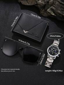 3 件套：时尚商务石英表、奢华男士手表、皮革钱包、太阳镜 - 男士礼品套装 - 銀色 - 查看 3
