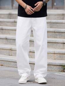 1件 Justice Brother 休闲宽松直筒牛仔裤，简约港式男士时尚舒适长裤，四季皆宜 - 白色 - 查看 3