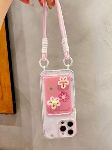 Ốp lưng điện thoại có dây đeo thẻ hình hoa 3D nhiều màu sắc tương thích với iPhone 16 Pro Max/15 Pro Max, New 11, 12, Creative 14 Pro/13, Ốp lưng bảo vệ mềm, Bao gồm tất cả, Nữ, Mùa hè - Hồng - Xem 4