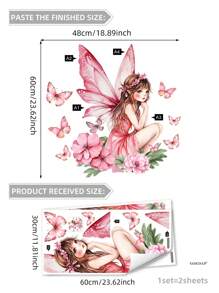 1 套 2 张月亮女孩花卉和蝴蝶墙贴，适用于女孩卧室、客厅或背景墙装饰、贴纸、墙贴花、乙烯基贴花，用于家居装饰、春季装饰品让您的家焕然一新、Rama 装饰贴纸