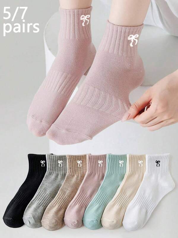 1/5/7 双（随机混合）女士彩色可爱蝴蝶结装饰休闲运动中筒袜，柔软透气，适合夏秋季日常穿着