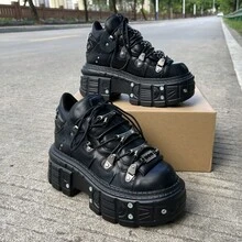 Gothic Punk Style Women And Men Platform Sneakers Black Vintage Metal Decorations Lace-Up Rock Ankle Boots Shoes - 黑色 - 查看 1