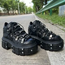 Gothic Punk Style Women And Men Platform Sneakers Black Vintage Metal Decorations Lace-Up Rock Ankle Boots Shoes - 黑色 - 查看 6
