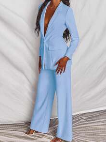 Women's Solid Color Lapel NeckLong Sleeve Single-Breasted Blazer And Pants Casual Suit, Autumn Spring - Baby Blue - View 3
