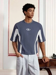 Áo thun nam tay ngắn dệt kim chắp vá thường ngày, phong cách đường phố, mặc hàng ngày - Màu xanh bụi bặm - Xem 2