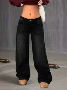 Pantalones vaqueros de pierna ancha con estampado de mariposa y ajuste holgado para adolescentes - Negro - Ver 2