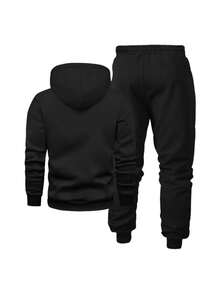 2pcs/Set Men's Casual Cartoon Paris Letter Drawstring Pocket Hoodie And Drawstring Sports Pants Suit Black Spring - Black - View 4