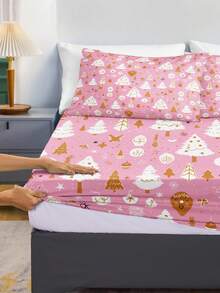 3pcs White Christmas Tree Pink Digital Printed Three Pieces Fitted Sheet Set (1 Fitted Sheet+2 Pillowcases Without Core) Suitable For Room Decoration Daily Polyester Fiber Soft Skin Friendly Bedding Indoor Bedroom Master Bedroom Christmas Decor Home Christmas Decoration Cute Christmas Gifts