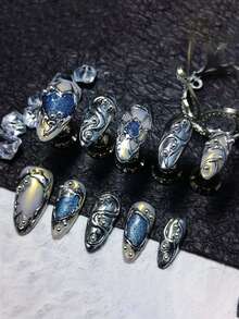 10pcs Retro Gothic Punk Handmade Nail Stickers, Korean/Japanese Style Nails, Summer Nails, Press-On Nails, Nail Art, Y2K French Nails, Vintage Series Style, Gift For Her, Reusable Acrylic False Nails, Suitable For Daily Wear For Girls And Women - Multicolor - View 9