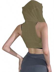 Women Knitted Hoodie Sweater Vest Sleeveless Hollow Out Hooded Crop Top Streetwear Rave Oufit - 橄欖綠 - 查看 7