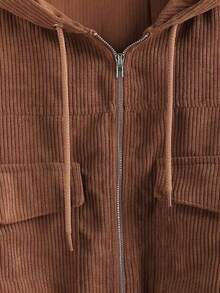 女士棕色灯芯绒拉链连帽夹克，时尚优雅的秋季外套