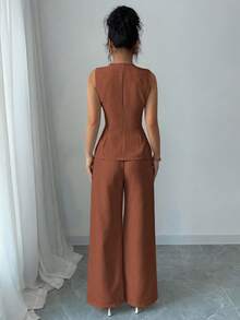 2 件套女士纯色单排扣金属纽扣圆领背心和裤子休闲宽松西装