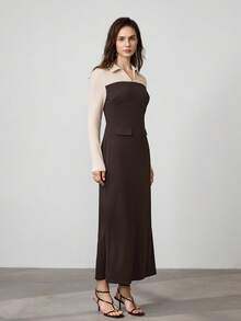 Women's Elegant Turndown Collar V-Neck Color Block Long Sleeve Maxi Dress, Suitable For Commuting, Autumn/Winter