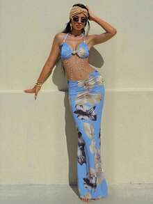 Women's Two Piece Maxi Skirt Sets Summer Beach Sexy Ruched Backless Pearls Chain Decor Crop Top And Cut Out Skirt - 藍色 - 查看 1